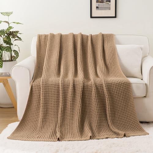 Bunnikins & Clover Beige Throw Blanket for Couch, Knitted Beige Throw for Bed, Neutral Throw Blankets Tan Blanket for Room Decor Housewarming Gifts, 60"x80" - color: Beige, size: 60"x80"