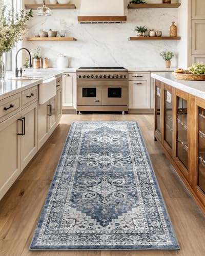 AMADA HOMEFURNISHING 2'6"x8' Washable Area Rug, Low-Profile Entryway Rug with Non-Slip Backing & Durable Edge Binding, Vintage Rug Pattern, Small Rugs for Entryway, Kitchen & Living Room - color: Blue, size: 2'6" x 8' (Runner)