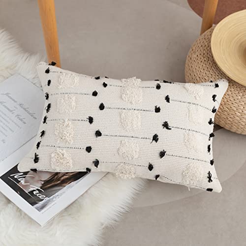 LIGICKY Boho Lumbar Pillow Covers Decorative Woven Throw Pillows Rectangle Pillow Sham Black and Beige Off White Pillowcase for Couch Sofa Bed Car 12x20 Inch - color: Dot, size: 20" x 12" (Pack of 1)