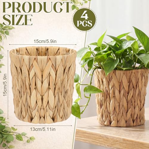 Set of 4 Water Hyacinth Planter Basket Boho Rattan Handwoven Storage Baskets Cottage Rustic Farmhouse Woven Rustic Wicker Sundries Baskets Artificial Flower Pots for Organizing Indoor Decor