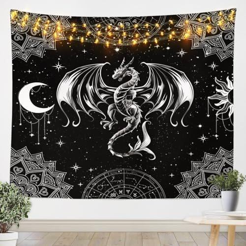 Dragon Wall Hanging Tapestry,Bohemian Lotus Constellation Starry Sky Soft Microfiber Home Wall Blanket Tapestries Mysterious Animals Polyester Tapestries for Bedroom,Small 51.2 x 59.1 Inches - color: Black White 07, size: 59.1"L x 51.2"W