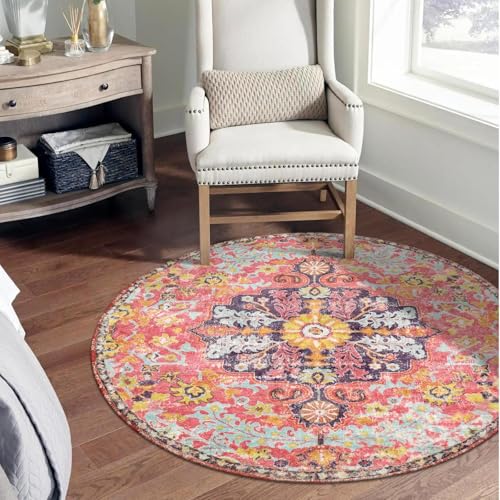 Lahome Bohemian Floral Medallion Round Rug - 3Ft Small Hot Pink Round Area Rug for Girls Bedroom Nursery Mat, Boho Washable Soft Indoor Throw Entryway Carpet for Living Room Office Coffee Table - color: Fuchsia/Multi, size: 3' (Round)
