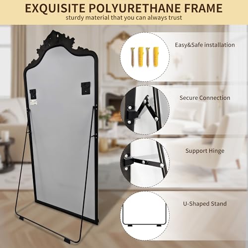71"x32"Arched Full Length Floor Mirror, Gold Traditional Ornate Antique Carved Garland Frame Body Hanging Leaning,Full Body Mirrors for Home Decor Shatter-proof Nano Glass Wall Living Room Cloakroom - color: Elegant Gold