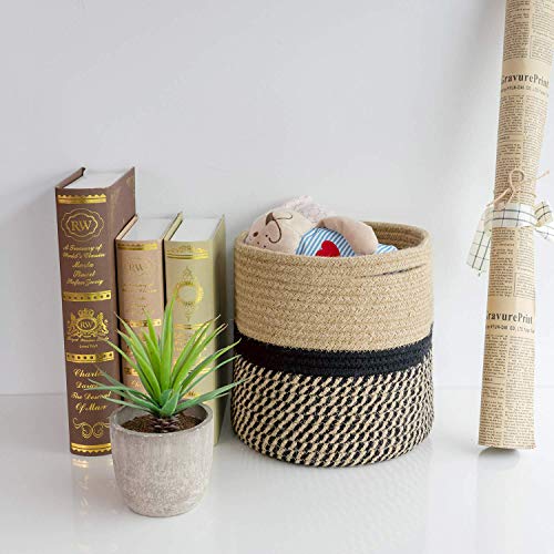 TIMEYARD Sturdy Jute Rope Plant Basket Modern Woven Basket up to 7.5 Inch Flower Pot Floor Indoor Planters, 8” x 8” Storage Organizer Baskets Rustic Home Decor, Black Stripes - color: Black and Jute, size: 8" x 8"