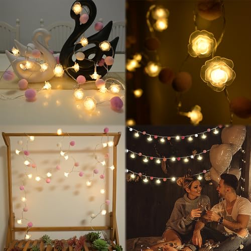 ChiRee 9.85Ft String Lights 20 Cute Pink Pompoms 20 LEDs Rose Fairy Lights Garland Battey Operated with Timer Flower Lights for Bedroom Kids Room Party Birthday Wedding Valentines Decorations - style: Pink-Rose