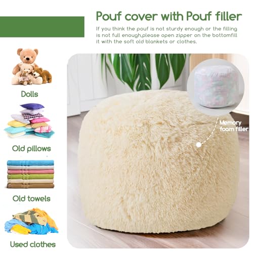 HIGOGOGO Round Stuffed Pouf Ottoman, Long Faux Fur Poufs with Foam Chunk Filling, Fluffy and Furry Pouf Foot Stool Storage Ottoman, 26 X 18 Floor Poufs Foot Rest for Living Room, White - color: Beige, size: 26"D x 26"W x 18"H