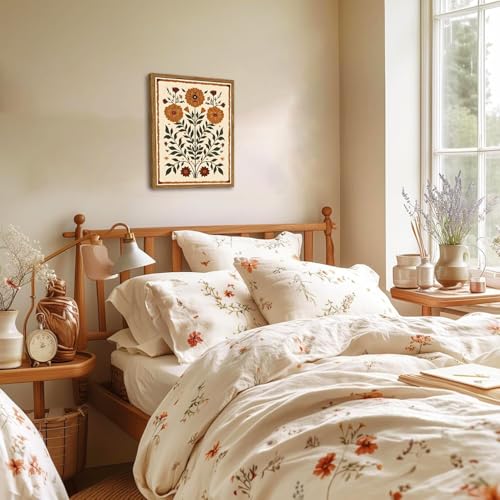 Framed Vintage Mexican Floral Wall Art, Boho Flower Pictures Wall Decor, Folk Marigolds Botanical Paintings Canvas Prints Rustic Home Decor for Living Room Bedroom 12x16 inch - color: Boho Floral, size: 16"L x 12"W