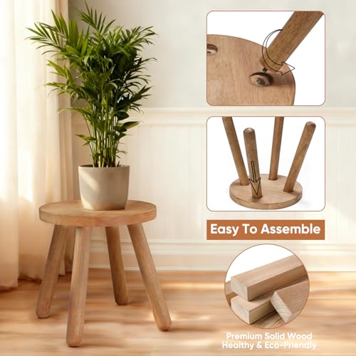 11.8" H Round Solid Wooden Stool Wood Plant Stand Woden Decorative Stool Garden Stool Portable Stand for Kitchen Bathroom Living Room Bedroom