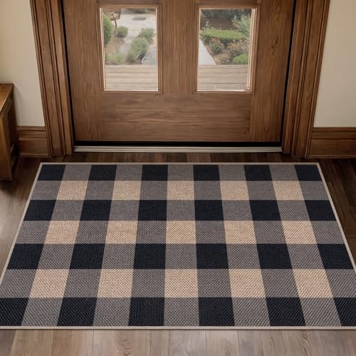 Tangsoo Checkered Easy Jute Rug, 2x3 Washable Ultra Thin Rug for Entryway Non-Slip Black Grey Outdoor Rug,Modern Front Door Mat Carpet for Kitchen Bedroom Porch Doorway - color: Grey Checkered, size: 2x3ft