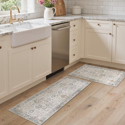 GENIMO Runner Rug 2PCs, Machine Washable Non Slip Vintage Hallway Runner Rug 17.3"x47"+17.3"x30", Low Pile Lightweight Rugs for Indoor Entryway, Hallway, Kitchen and Corridor, Light Taupe Brown - color: Taupe, size: 1'4"x 3'11"(Rectangular)