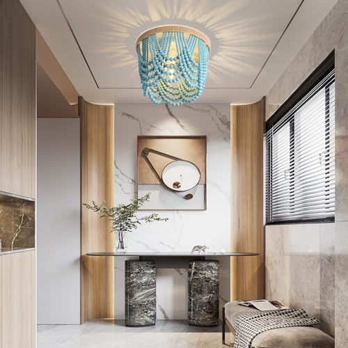 Bohemian Lighting Bohemian Chandelier Handmade Beaded Chandelier Bohemian Ceiling Beaded Lighting 3 Shallow Wood Beads Chandelier Nursery Bedroom Chandelier (Blue) - color: Blue