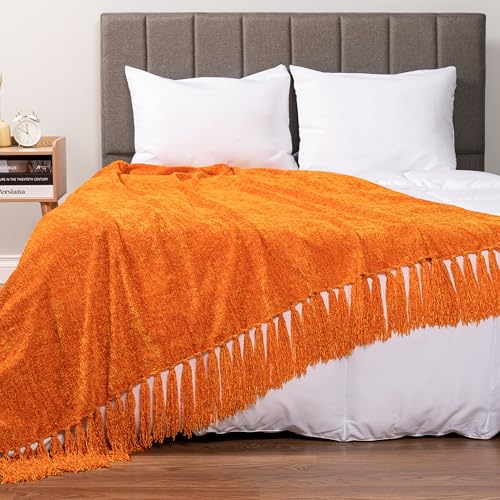 PAVILIA Orange Blanket for Couch, Twin Size Bed, Chenille Throw for Sofa Bed, Soft Knit Woven Blanket with Decorative Tassel for Living Room, Orange Twin 60x80 - color: Orange, size: 60 X 80 Inches - Twin