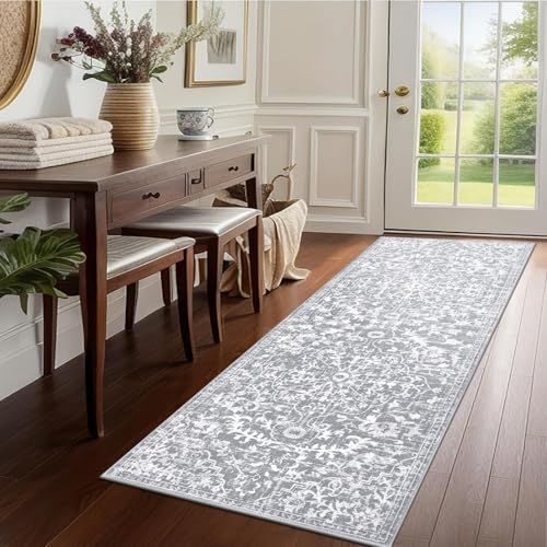 Pauwer Hallway Runner Rug 2x5 Washable Rugs Runner Non Slip Carpet Runner Boho Farmhouse Vintage Throw Area Rugs for Hallway Kitchen Entryway Laundry Room Bedroom Bathroom, Grey White - color: Grey White, size: 2' x 5' (Runner)