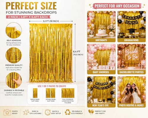 Gold Foil Fringe Curtain Backdrop – 2 Pack Metallic Tinsel Streamer Curtains 3.2ft x 6.4ft for Birthday, Graduation, Baby Shower, New Year’s Eve & Photo Booth Party Decorations | Fiesta Cart - color: Gold