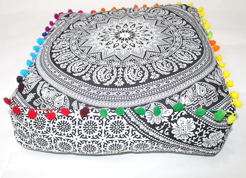 INDIAN CRAFT CASTLE Mandala Mandala Barmeri Large Floor Pillow Cover Cushion Meditation Seating Ottoman Throw Cover Hippie Decorative Zipped Bohemian Pouf Ottoman Cases (Black and White, 16" Square) - color: Black and White, size: 16"D x 16"W x 5"H