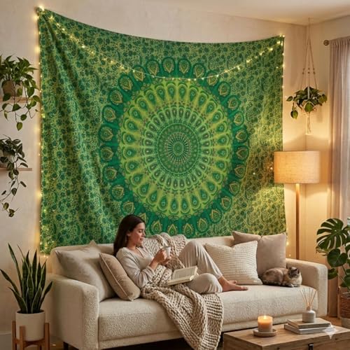 FURNISHFUL FINESSE Peacock Mandala Tapestry for Bedroom Living Room Décor, Cotton Boho Bohemian Wall Hanging Tapestries - 60x50 Inches, (Green) - color: Green, size: 60"L x 50"W