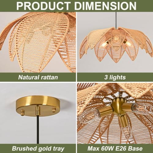 3-Light Rattan Boho Chandelier for Dining Room,24" Hand Woven Wicker Coastal Hanging Pendant Light for Kitchen Island Bedroom Living Room - size: 23.6″Flower