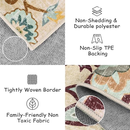 Beeiva Floral Washable 3x5 Area Rugs, Paisley Non Slip Rugs for Bedroom, Throw Ultra Thin Beige Carpet Entryway Carpets with Rubber Backing for Bathroom Kitchen Office - color: Cream, size: 3' x 5' (Rectangular)