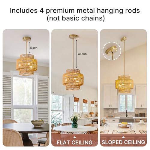 MODIVO 3-Light E12 Boho Rattan Chandelier, 12.6 Inch Hand Woven Farmhouse Pendant Light for Kitchen Island, Dining Room, Bedroom, Rustic Hanging Lamp, Living Room, Entryway, Foyer