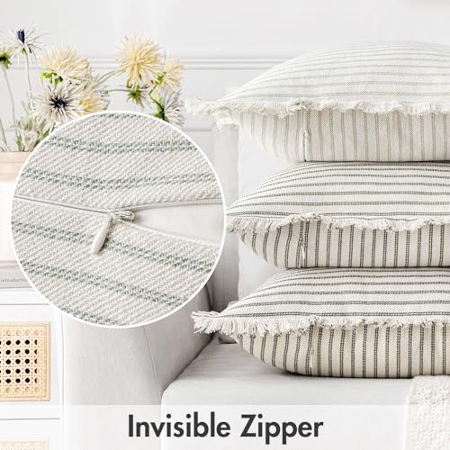 MIULEE Pack of 2 Sage Green Pillow Covers 20x20 Inch Striped Farmhouse Couch Spring Throw Pillow Covers with Fringe Chic Linen Decorative Cushion Covers for Sofa Living Room Bed Outdoor Home Decor - color: Sage Green, size: 20" x 20" (Pack of 2)