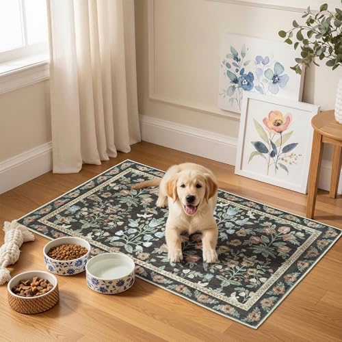 Gold Black Washable Entry Rug 2x3 Small Rugs- Front Door Throw Rugs Indoor, Non-Slip Bathroom Mat, Vintage Floral Thin Rug Stain Resistance for Kitchen, Laundry, Boho Entryway Décor - color: Gold/Black/Multi, size: 2' x 3' (Rectangular)