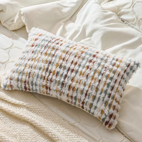 AmHoo Set of 2 Boho Chenille Pillow Cover Decorative Tufted Pillowcase for Couch Bed Sofa Bedroom Living Room Modern 12 x 20-Inch Brown White - color: Brown White, size: 20" x 12" (Pack of 2)