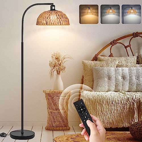 Rattan Floor Lamp- Boho Standing Lamp with Remote Control and Dimmable Bulb, Hand-Worked Adjustable Rattan Shades, Black Farmhouse Tall Lamp, Boho Arc Floor Lamps for Living Room, Bedroom, Office - style: Rattan Standing Lamp Black