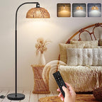 Rattan Floor Lamp- Boho Standing Lamp with Remote Control and Dimmable Bulb, Hand-Worked Adjustable Rattan Shades, Black Farmhouse Tall Lamp, Boho Arc Floor Lamps for Living Room, Bedroom, Office - style: Rattan Standing Lamp Black