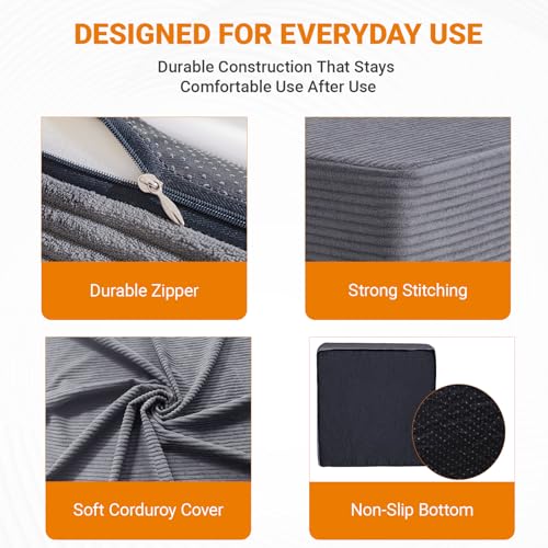 Stuffed Square Pouf Ottoman, 19.69 * 19.69 * 14.76 Inch Foot Rest with Odorless Solid Foam Core, Supportive Footstool with Removable Corduroy Cover for Living Room, Dark Grey - color: Dark Grey-small