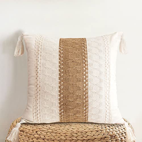 Woven Farmhouse Accent Decorative Throw Pillow Cover for Couch Sofa Cotton & Jute Striped Neutral Pillowcase for Living Room Bedroom Patio, 18 x 18 Inch, Natural Beige, Single Stripe - color: 1 Pack Single Stripe 18"x18"
