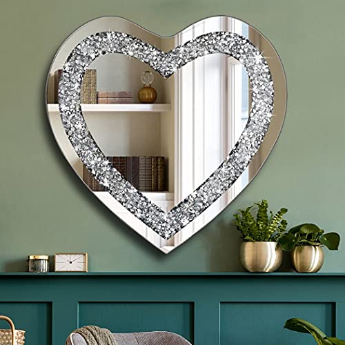 DMDFIRST Crystal Crush Diamond Heart Shaped Silver Mirror for Wall Decoration 20x20x1 inch Wall Hang Frameless Mirror Acrylic Diamond Décor. - size: 20"L x 20"W