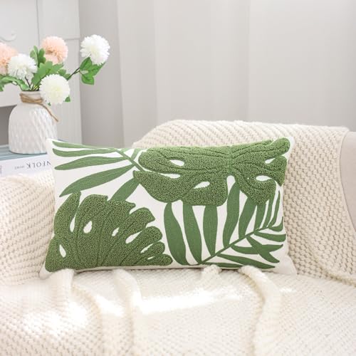 Embroidered Throw Pillow Covers 12x20 Pack of 2 Green Botanical Tropical Leaf Pillow Covers Beach Ocean-Themed Decorative Cushions Case Farmhouse Boho Plant Tufted Pillowcases for Summer - color: Green Tropical Leaf, size: 20" x 12" (Pack of 2)