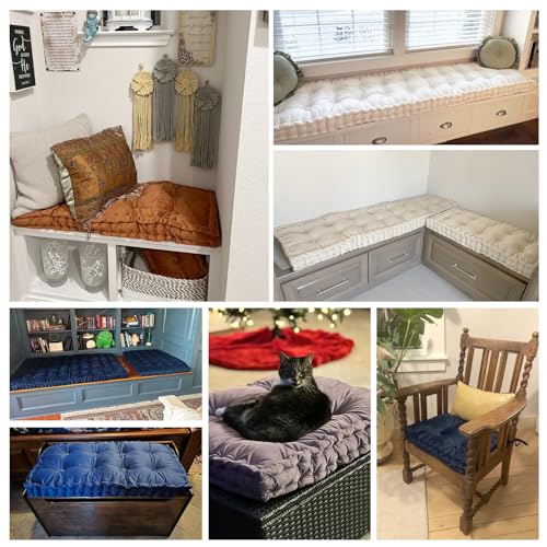 Custom Bench Cushion, Tufted Bench Cushions for Indoor Furniture, Window Seat Cushions Indoor, Velvet Bay Window Cushion, French Floor Cushions with Handle, 4 Inch Thick, 30+ Colors