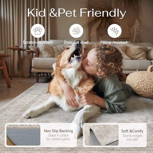 PureCozy Beige Area Rug 2x3 Washable Vintage Entryway Carpet Non Slip Soft Low Pile Distressed Medallion Door Mat Indoor Retro Throw Small Rug for Bathroom Kitchen Office Bedroom Dining Room - color: Retro | Beige, size: 2' x 3' (Rectangular)