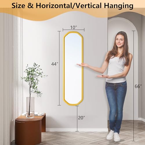 Ferytange Modern Slim Wall Decor Mirror 10"x44" Gold - Skinny Wall Decor for Entryway, Bedroom, Nursery, Luxury Metal Frame with Anti-Shatter Glass - color: Gold, size: 44"L x 10"W
