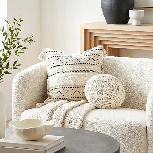 BlissBlush 18X18 Throw Pillow Cover, Cream Neutral Square Decorative Cushion Cover with Black Pattern, Boho Accent Pillowcase with Tufted Details and Tassels for Couch Sofa Living Room (Cover Only) - color: Black, size: 18" x 18" (Pack of 1)