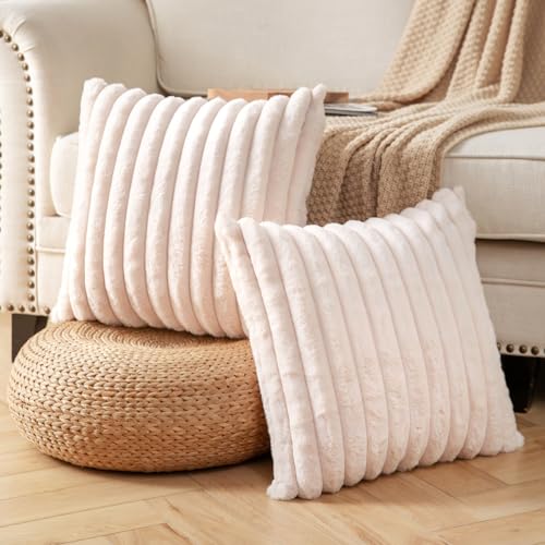 DEELAND Pack of 2,Double-Sided Faux Fur Plush Decorative Throw Pillow Covers Fuzzy Striped Soft Pillowcase Cushion Covers for Sofa Couch Bedroom Beige 24x24 inch - color: Beige, size: 24" x 24" (Pack of 2)