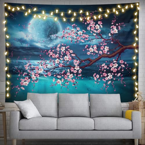 Keiutexe Full Moon Over Ocean Tapestry 80" X 60" Japanese Cherry Blossom Wall Hanging Party Decorations Home Decor For Bedroom Living Room Dorm (200 X 150cm) - color: Full Moon, size: 80 X 60 Inch