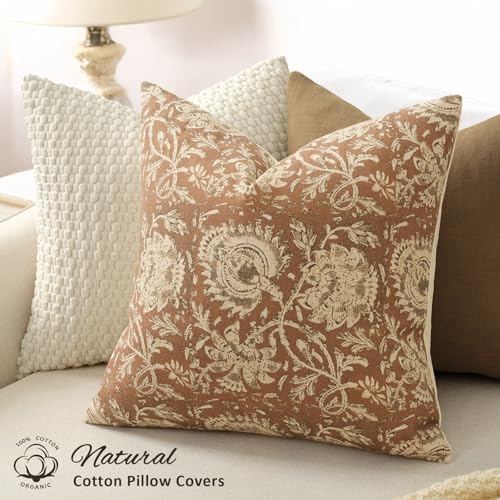 Vintage Floral Print Throw Pillow Covers 16x16 Set of 2 Neutral Modern Farmhouse Accent Decorative Cushion Covers Boho Home Decor for Couch Sofa Chair Bed Living Room, Cognac - color: Cognac, size: 16" x 16" (Pack of 2)