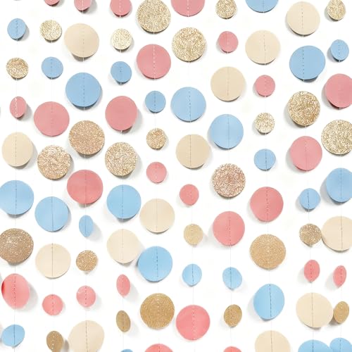 Champagne Gold Dusty Pink Blue Cream Beige Circle Dot Hanging Streamer Polka Dot Garland Banner for Baby Shower Birthday Wedding Bridal Shower Engagement Boho Gender Reveal Party Decorations Supplies - color: Dusty Pink Blue Champagne