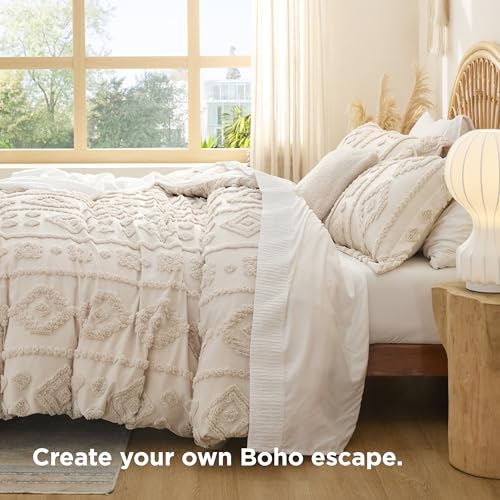 Bedsure Boho Duvet Cover Queen Size - Tufted Boho Bedding, Farmhouse-Style Distressed Vintage Embroidery Bedding for All Seasons, 3 Pieces, 1 Soft Jacquard Queen Comforter Cover and 2 Pillow Shams - color: 08 - Beige Tufted (No Comforter), size: Queen (90