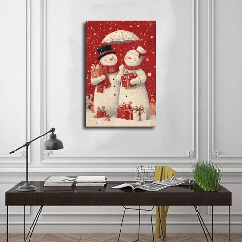 JDBeehpy Snowman Couple Holding Gifts Under Umbrella Frame Canvas Print Poster Christmas Wall Artwork Painting Warm, Holiday Home Decor Mural 20x30inch(50x75cm) - color: Umbrella Frame, size: 30L" x 20W"