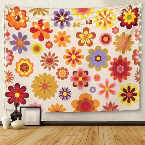 TOMPOP Tapestry Green 1960 Vintage Flowers 60S 70S Orange Hippie Home Decor Wall Hanging for Living Room Bedroom Dorm 50x60 Inches - size: 60"L x 50"W