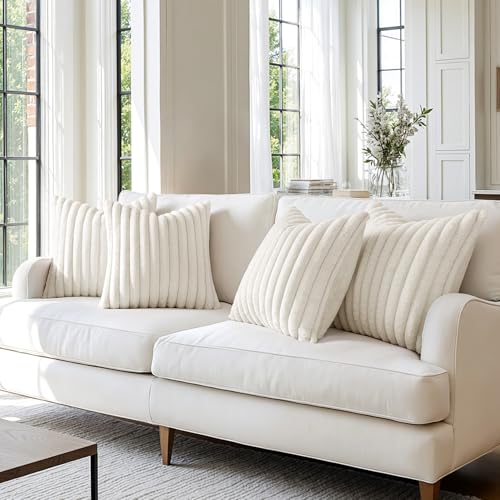 MIULEE Faux Fur Plush Decorative Throw Pillow Covers 20x20 Set of 4, Spring Modern Soft Fuzzy Striped Cushion Covers for Sofa Couch Bed Living Room Cozy Home Decor,Cream White - color: Cream White, size: 20" x 20" (Pack of 4)