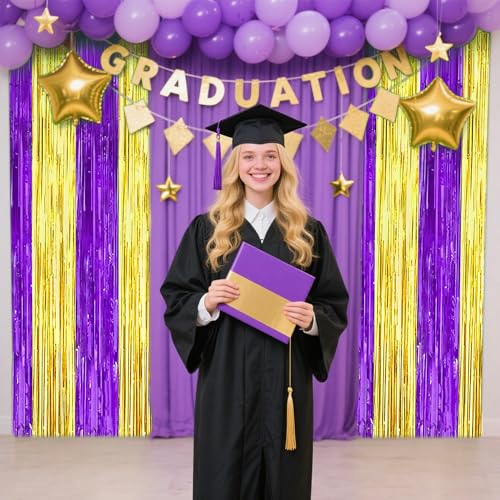 TONIFUL 2Pcs Purple and Gold Fringe Backdrop Curtain 2026 Graduation Parties Metallic Tinsel Foil Fringe Photo Booth Backdrop Door Streamers for Birthday Bachelorette New Year Party Decorations - color: Purple Gold
