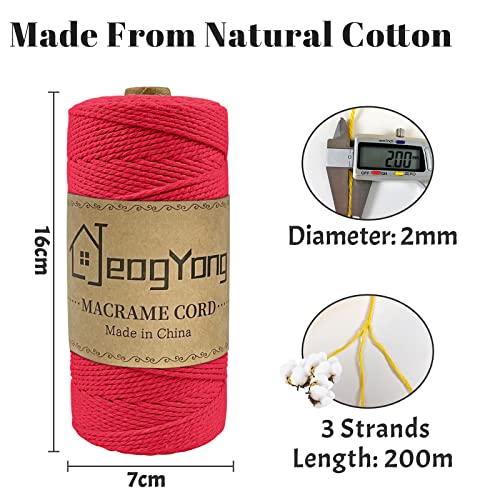 JeogYong Macrame Cord 2mm x 218 Yards, 3-Strand Twisted Natural Cotton Rope, Cotton String Coloured Craft Cord for Plant Hanger Wall Hanging Knitting Crafts, Red Color - color: Red