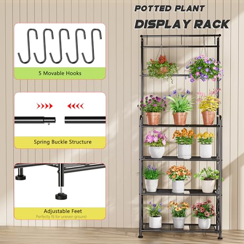Plant Stand Indoor Outdoor Heavy Duty Metal - 68.4" Tall 4-Tier Shelf for Multiple Plants, Flowers, Rustproof Black Storage Rack for Patio, Balcony, Living Room, Garden, Includes Hooks&Adjustable Feet - size: A-4Tier-2Hanger