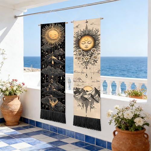 seewan 2 Pack Long Vertical Wall Tapestry, Boho Nature Landscape & Floral Aesthetic Wall Hanging for Bedroom Living Room Home Decor, Long Narrow Art Tapestry with Sunrise Mountain Botanical Designs, 13" × 51" (Celestial Sun Motif, 13"Wx51"H, Unframed) - c
