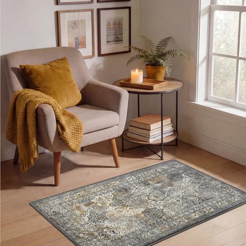 Keen Home Design 2x3 Rug - Machine Washable Entry Rug with Non-Slip Backing, Ideal for Enteryway, Kitchen, Bathroom, Laundry Room - Vintage, Easy Clean, Durable, Low Pile Rug - (2' x 3') - color: Anthracite Grey / Copper Tone, size: 2' x 3' (Rectangular)