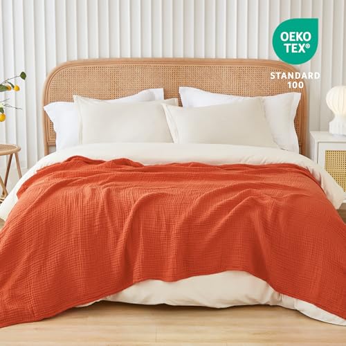 EMME Cotton Muslin Large Throw Blanket Couch Breathable Gauze Soft Lightweight Bed Blankets Adults (Heather Orange Rust, 50"x70") - color: 13 - Orange Rust, size: Large Throw (50" X 70")